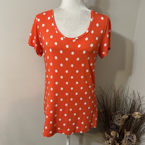 Van Heusen Studio Women Orange White Polka Top T-shirt Top Scoop Neck Sz L USA - Picture 1 of 5